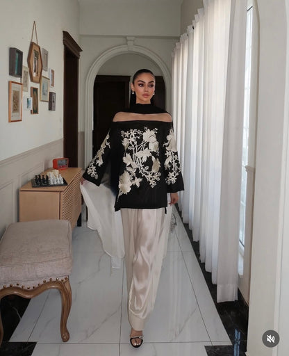 Atharva Heritage     Timeless Black & Ivory Parsi Gara Pure Silk Suit AH183171