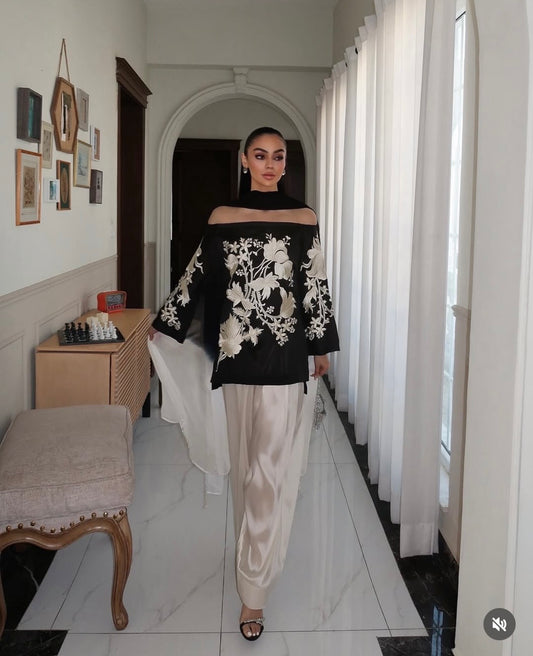 Atharva Heritage     Timeless Black & Ivory Parsi Gara Pure Silk Suit AH183171