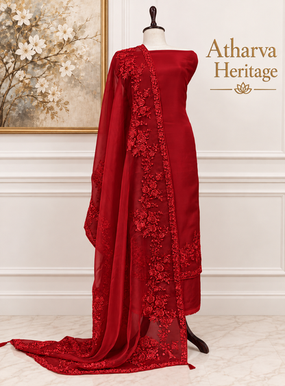 Atharva Heritage Pure Silk Organza Parsi Thread Monochrome Embroidery Front And Back  Suit SOP543