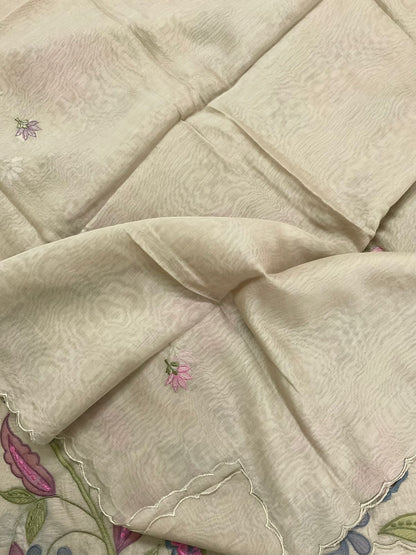 Atharva Heritage/Pure Mul Chanderi Shirt & Dupatta/ Hand Applique/Cutwork with Thread Embroidery/Cotton Silk  Bottom/CUT80391