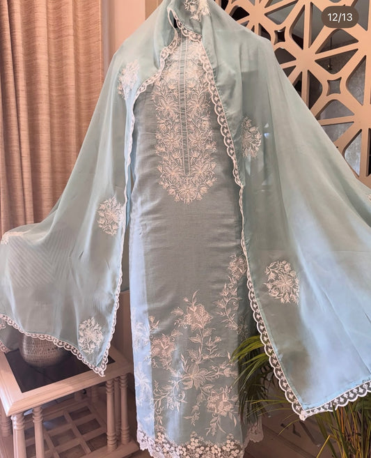 ATHARVA HERITAGE PURE MUL CHANDERI KURTA AND PURE SILK ORGANZA DUPATTA FRENCH THREAD EMBROIDERY SUIT MCH0074