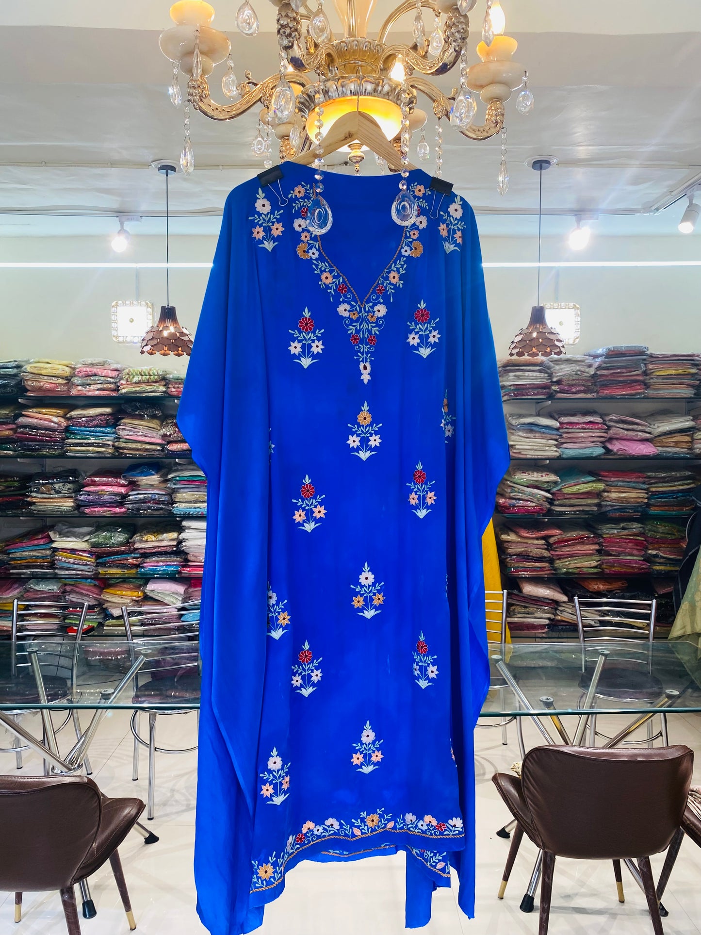 Sheer Luxury Pure Silk 80 Grams Kashmiri Embroidered Pakistani unstitched Kurta With Bottom  SLP0011 Royal Blue