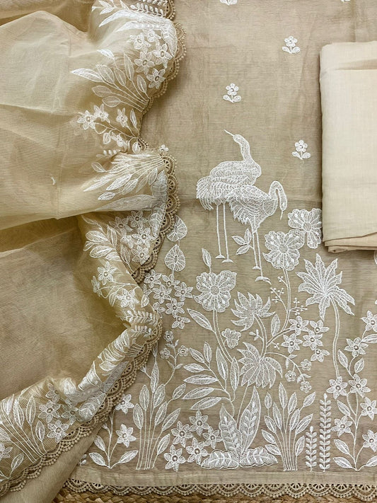 Atharva Heritage PURE STRIPED Mul CHANDER  French THREAD EMBROIDERED SUIT CH5460 Beige