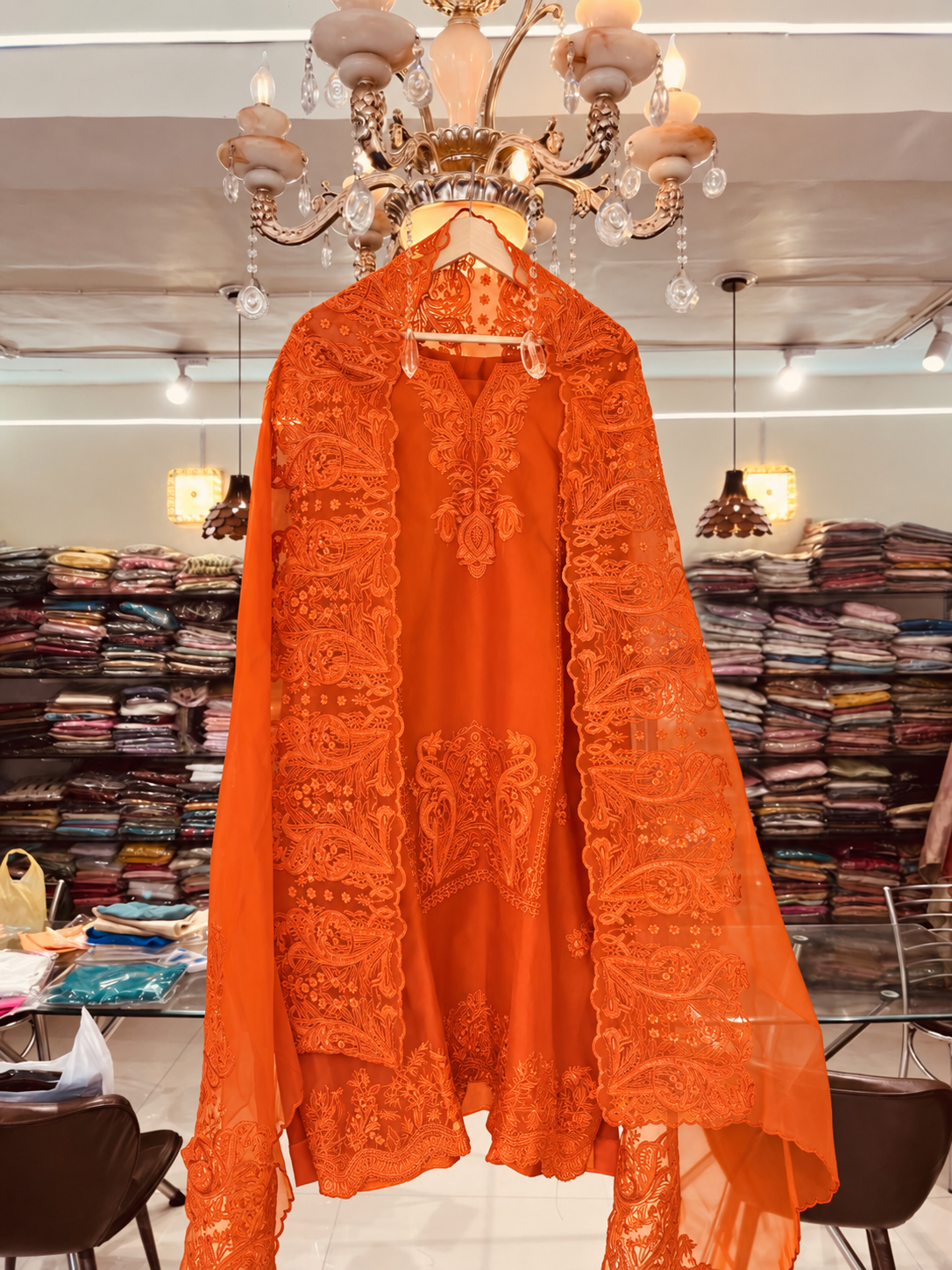 Atharva Heritage Pure Silk Organza Burnt Orange French Thread Monochrome Embroidered unstitched Front and Back  Pakistani Suit SLP001