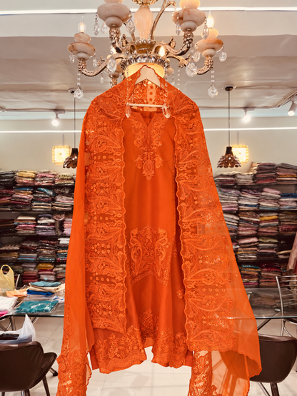 Atharva Heritage Pure Silk Organza Burnt Orange French Thread Monochrome Embroidered unstitched Front and Back  Pakistani Suit SLP001