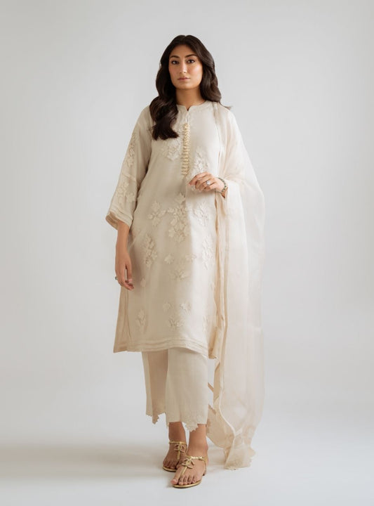 Atharva Heritage Sheer Luxury Ivory Silk Organza Hand Appliqué Ensemble SLP05095