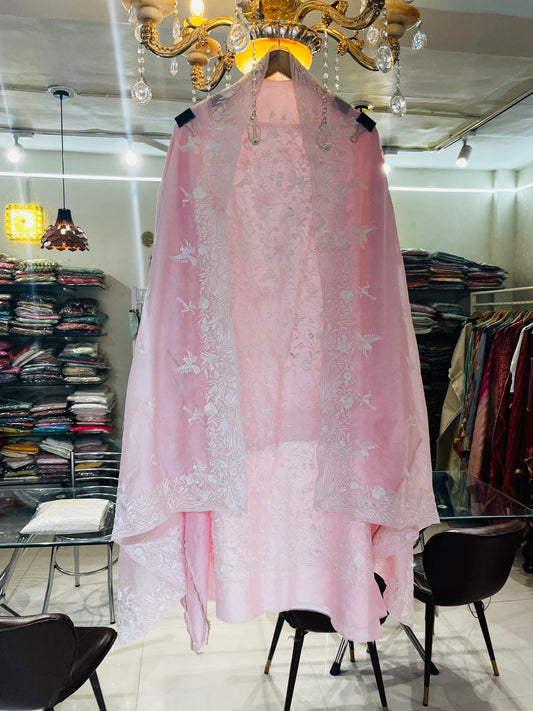 PURE MUL CHANDERI SILK  PARSI GARA SUIT MCH0015 (B) Powder Pink