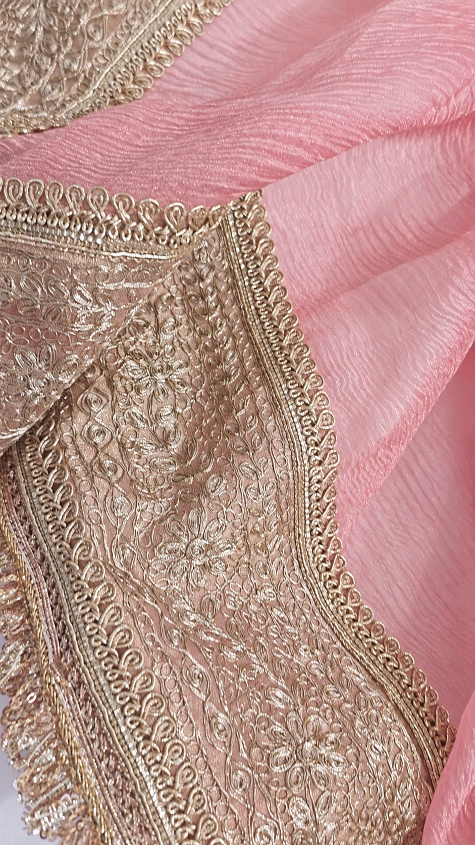 Atharva Heritage “Pure Crushed Tissue Silk Sari with Hand Pita Border & Kiran Lace – Pink