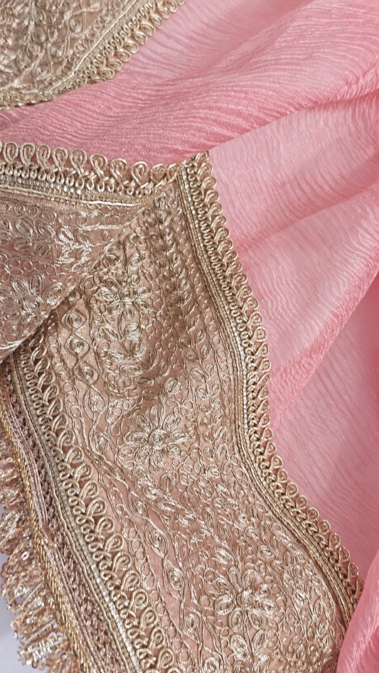 Atharva Heritage “Pure Crushed Tissue Silk Sari with Hand Pita Border & Kiran Lace – Pink
