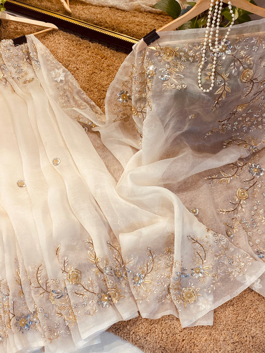 Atharva Heritage Ivory Pure Silk Organza Saree – Trousseau Collection | 400+ Hours Hand-Embroidered Luxury RLS178