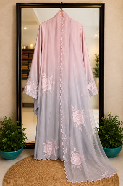 Atharva Heritage Pure Satin Silk Ombre Grey N Pink Farsi Salwar Set with Organza Dupatta AH18133191