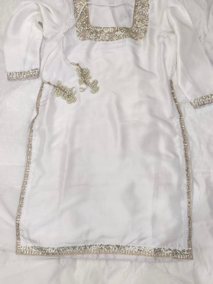 Atharva Heritage Pearl White Hand-Embroidered Raw Silk Pakistani Suit | Custom Stitched up to 9XL PRA001