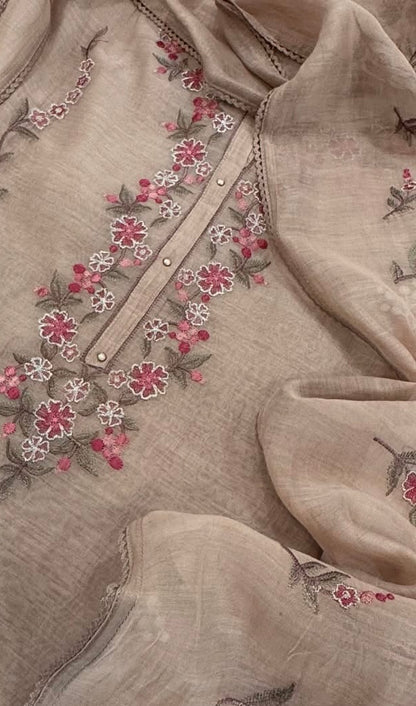 ATHARVA HERITAGE PURE MUL CHANDERI SILK  PARSI GARA SUIT MCH0013P Dusty Peach