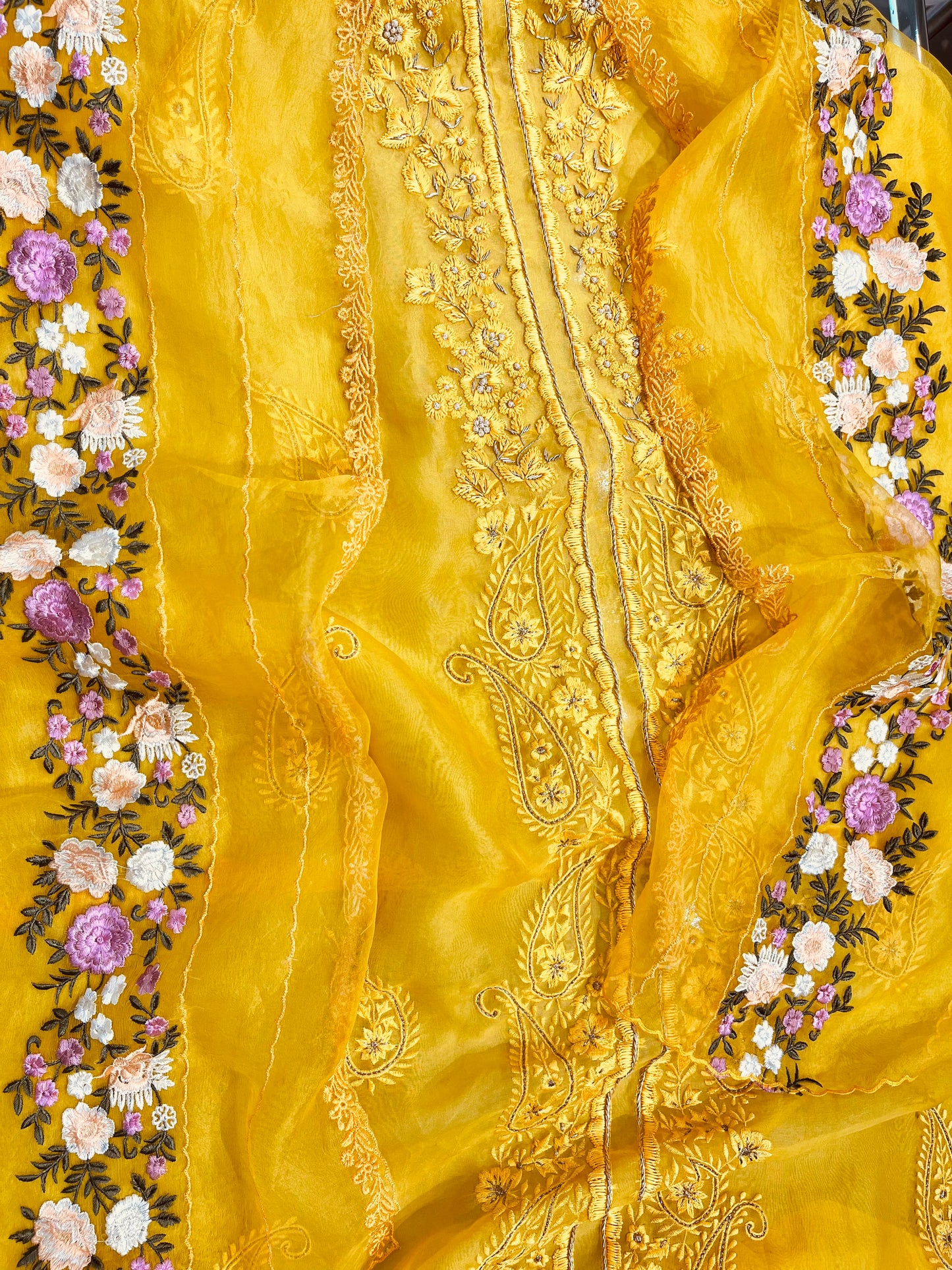 SHEER LUXURY PURE SILK ORGANZA  Suit Hand Zardozi Embroidery /PARSI Dupatta  SHEER0067 Yellow