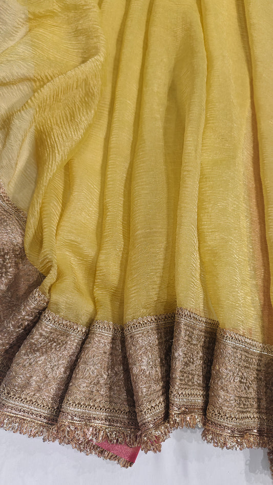 Atharva Heritage “Pure Crushed Tissue Silk Sari with Hand Pita Border & Kiran Lace – Yellow”