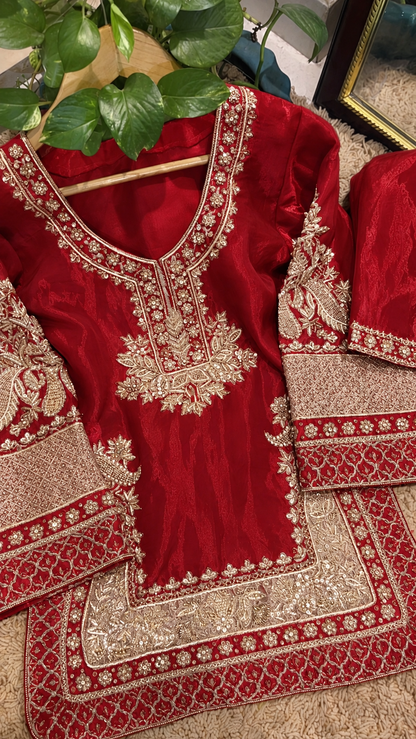 Atharva Heritage ✨Kerwachauth Special  – Pure SATIN organza 80 Grams Zardozi Ensemble Front Embroidery 3 Pc  ✨ PTSTHZ567