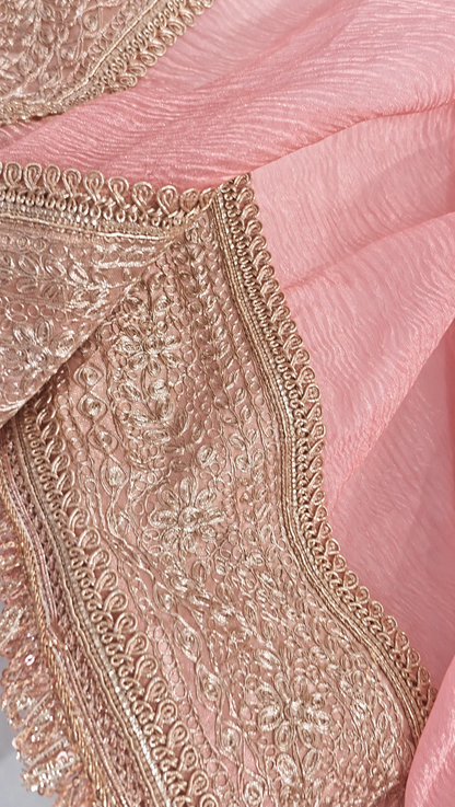 Atharva Heritage “Pure Crushed Tissue Silk Sari with Hand Pita Border & Kiran Lace – Pink