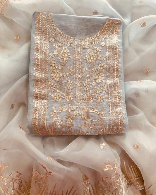 MAHARANI LUXURY CHANDERI SILK 70 GRAMS KURTA /PURE SILK ORGANZA DUPATTA  PITA EMBROIDERY SUIT MCCH0017 Ivory
