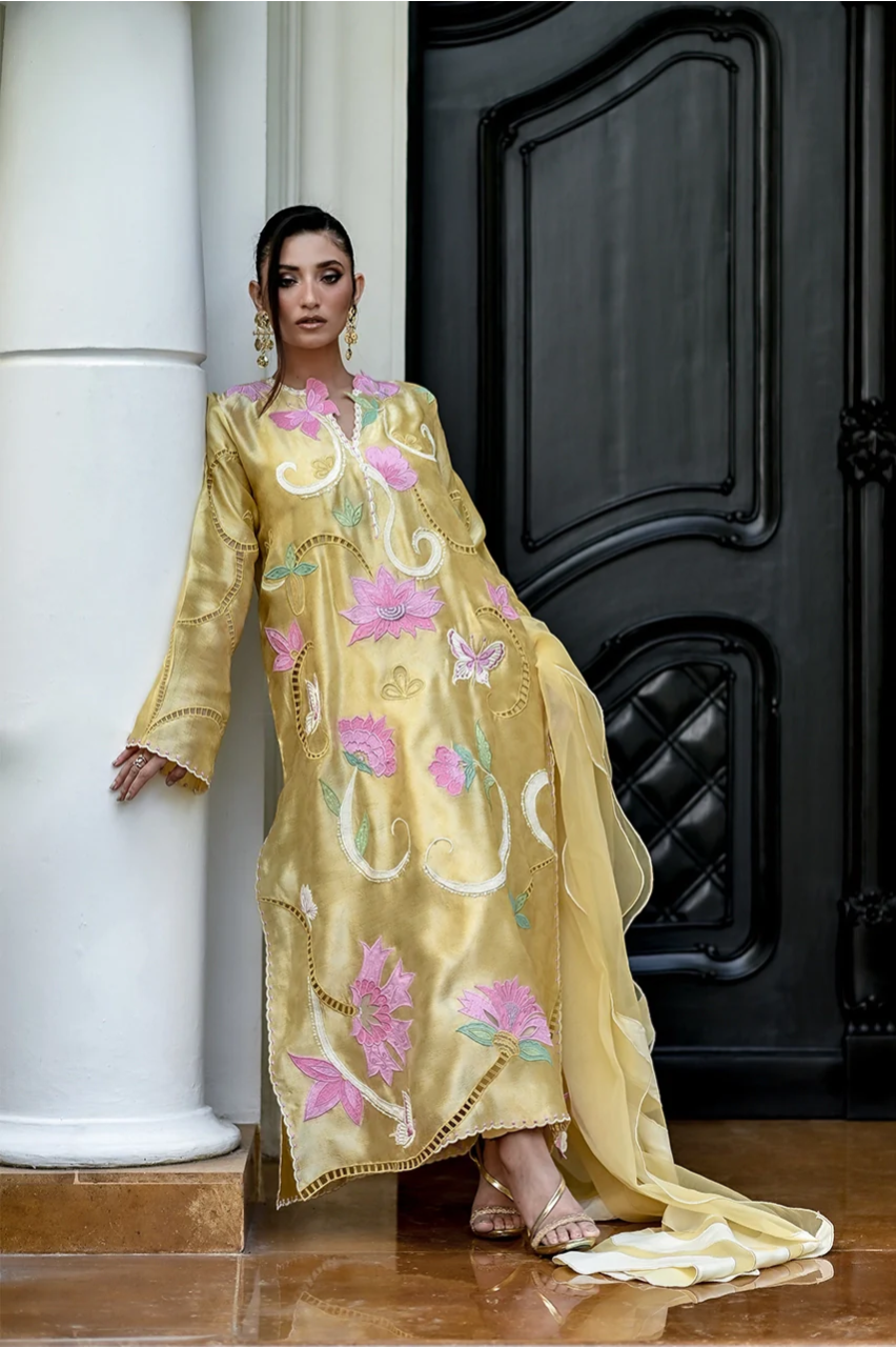Atharva Heritage Pure Satin Silk Hand Appliqué pakisani Long Kurta Set – Eid Collection 181331843