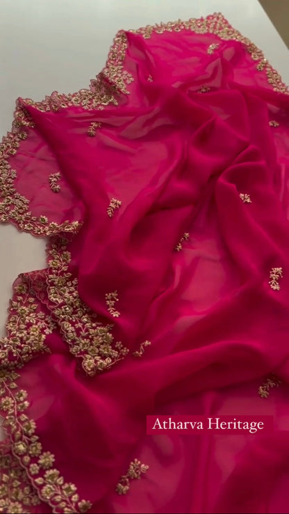 Atharva Heritage Fuchsia Pink Luxury Sheer Saree with Intricate Gold Floral Embroidery AH1813HZS