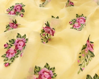 Atharva Heritage Butter Yelllow Hand-Embroidered Pure Chanderi Silk Pakistani Suit with Organza Dupatta & Cross-Stitch Detailing CHO0010