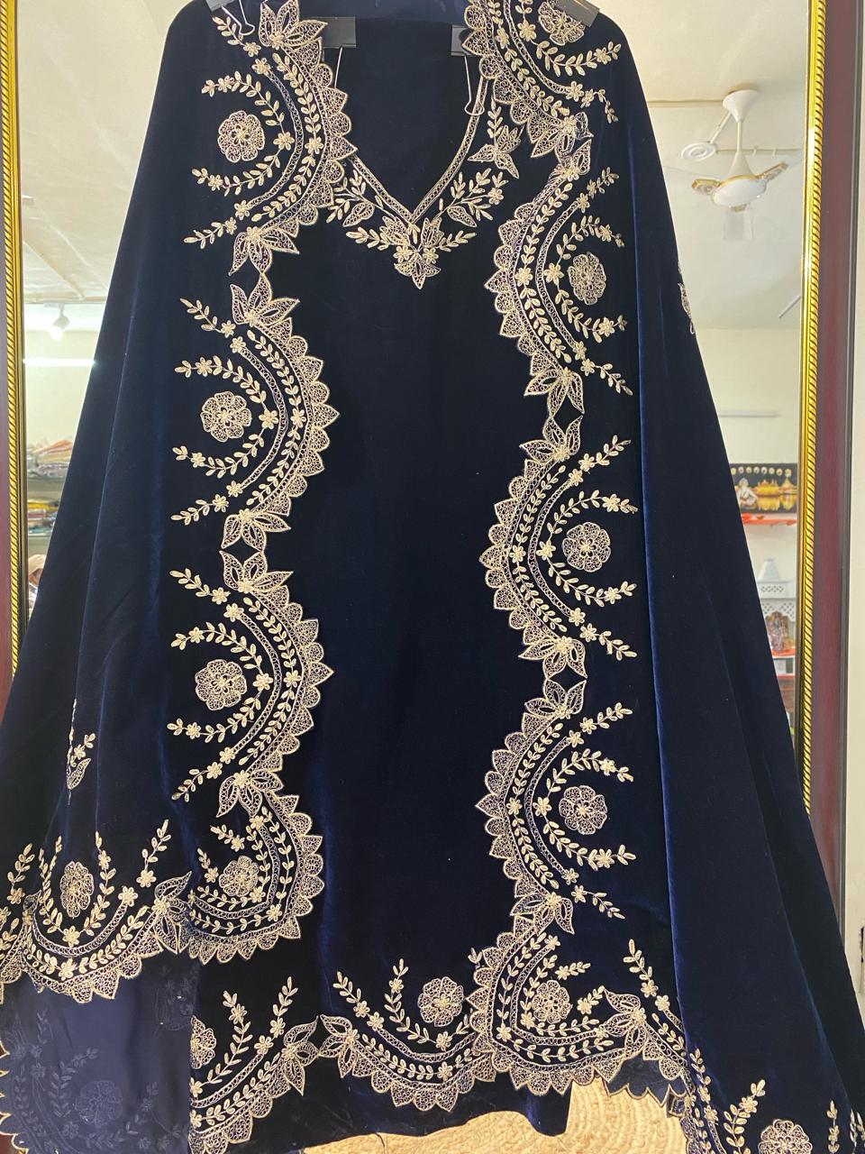 Atharva Heritage Royal Blue Silk Velvet Suit Set with Pita Tilla Embroidery | Unstitched Luxury Maharani Ensemble