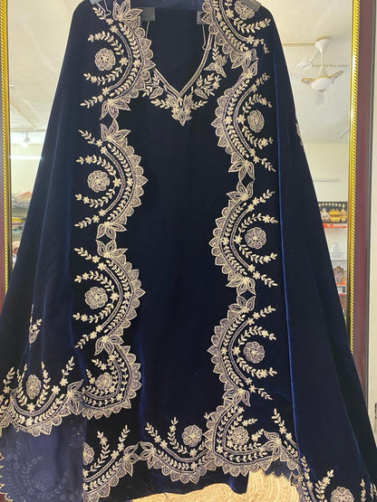 Atharva Heritage Royal Blue Silk Velvet Suit Set with Pita Tilla Embroidery | Unstitched Luxury Maharani Ensemble