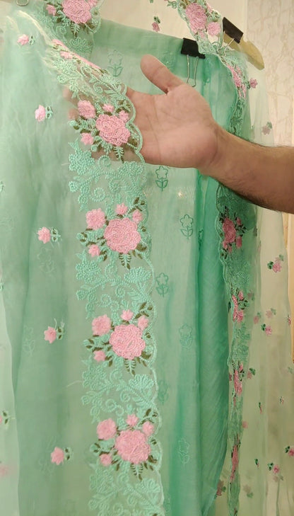 PURE MUL CHANDERI AND ORGANZA EDITS LC1701 SEA GREEN