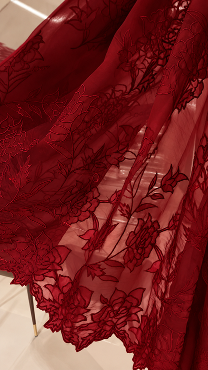 Atharva Heritage Sheer LuxuryPure Silk Organza Hand Applique Deep Red Saree AH-001(D)