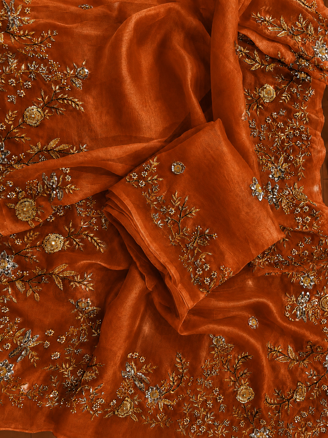 Atharva Heritage Burnt Orange Pure Silk Organza Saree – Trousseau Collection | 400+ Hours Hand-Embroidered Luxury RLS178