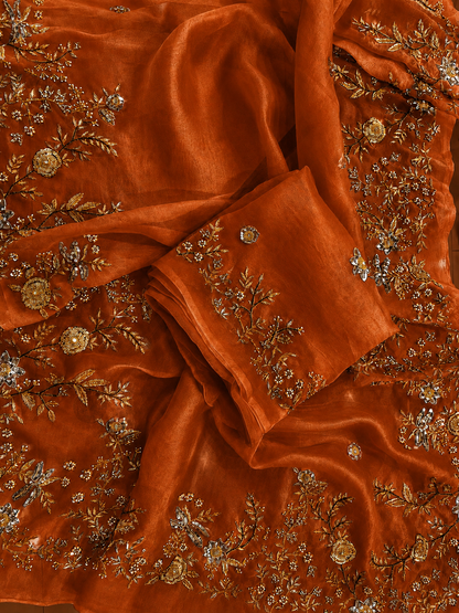 Atharva Heritage Burnt Orange Pure Silk Organza Saree – Trousseau Collection | 400+ Hours Hand-Embroidered Luxury RLS178