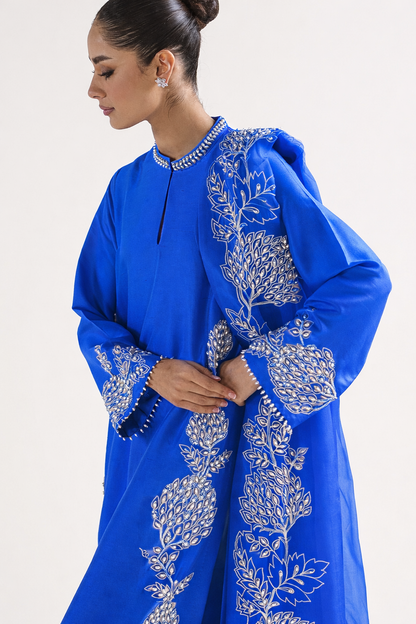 Atharva Heritage Sheer Luxury Pure Silk Ready to Wear Pakistani Suit SLP0012 Electric Blue
