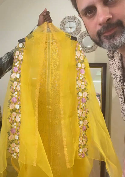 SHEER LUXURY PURE SILK ORGANZA  Suit Hand Zardozi Embroidery /PARSI Dupatta  SHEER0067 Yellow
