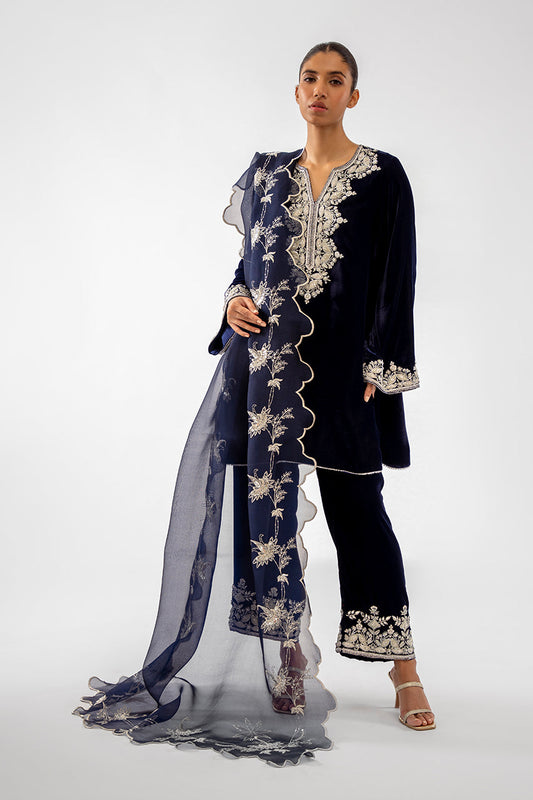 Atharva Heritage Royal Blue Hand-Embroidered Pure Silk Velvet Corset Set CSPSV151