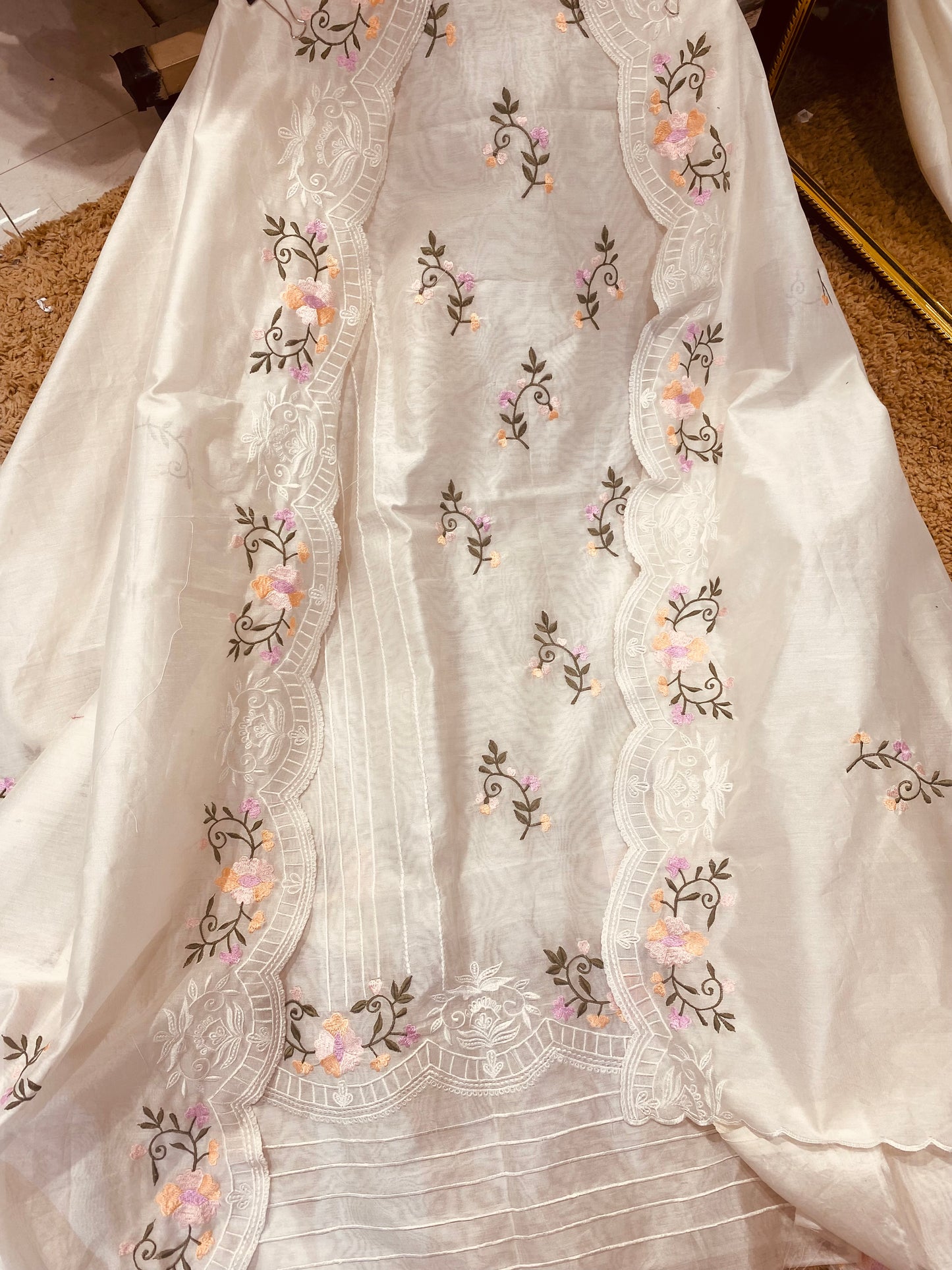 PURE CHANDERI SILK KASHMIRI AARI SUIT CH5438 IVORY