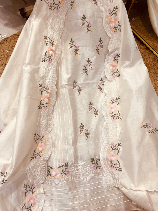 PURE CHANDERI SILK KASHMIRI AARI SUIT CH5438 IVORY