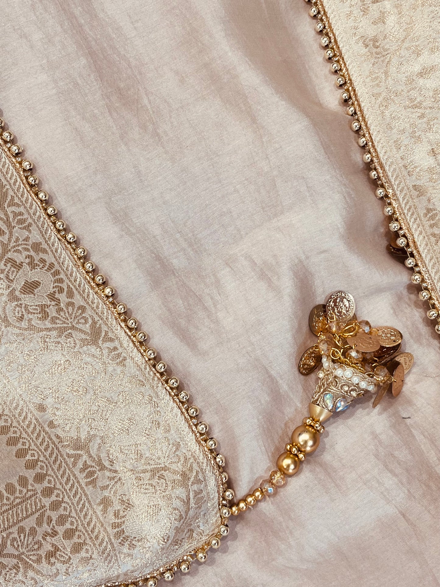 ATHARVA  Hand Embroidered Salwar Kameez w/ Embroidered Neck Beige/Banarsi Silk Dupatta/Bridal/Wedding/Custom Stitch/ CH1295