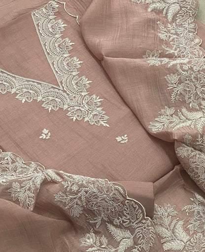 PURE MUL CHANDERI  kurta AND Dupatta Thread Embroidered UNSTITCHED SUIT CH54240C Coffee Color