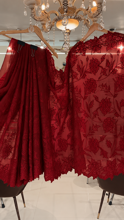 Atharva Heritage Sheer LuxuryPure Silk Organza Hand Applique Deep Red Saree AH-001(D)