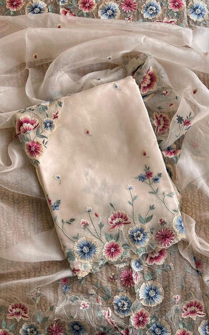 Atharva Heritage Sheer Luxury Pure Silk Organza Parsi Gara Embroidered Front Back And Sleeves SPGFB621