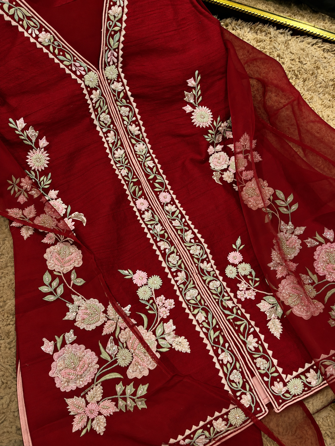 Atharva Heritage Deep Red Pure Raw Silk 100g Hand-Embroidered Jacket Style Farshi Salwar Set FSBRS51