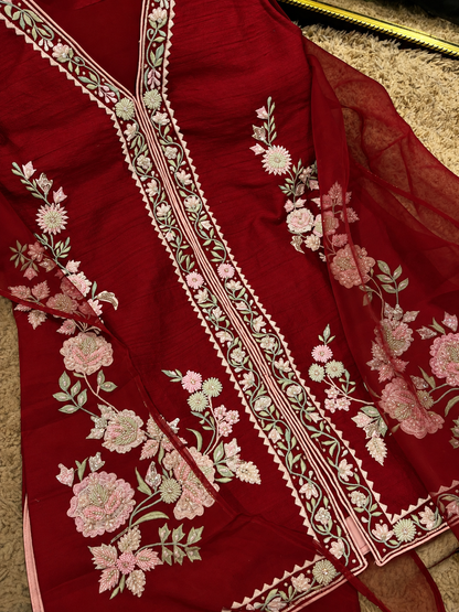 Atharva Heritage Deep Red Pure Raw Silk 100g Hand-Embroidered Jacket Style Farshi Salwar Set FSBRS51