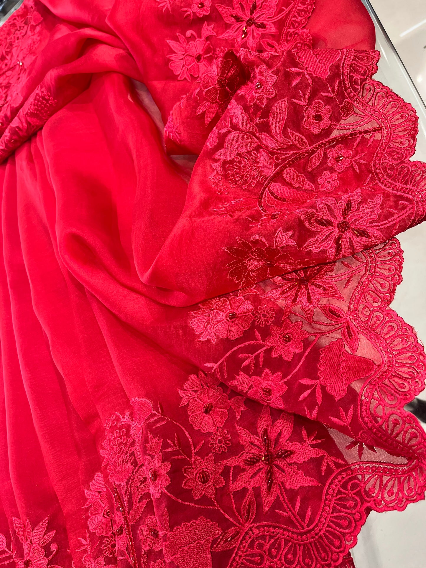 Atharva Heritage Red Kerwachauth Saree in Pure Silk Organza with French Thread Monochrome Embroidery