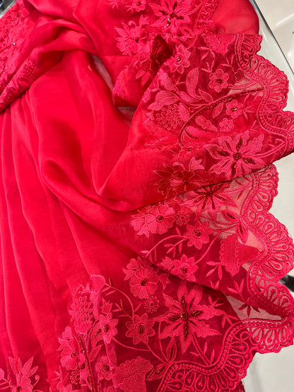 Atharva Heritage Red Kerwachauth Saree in Pure Silk Organza with French Thread Monochrome Embroidery