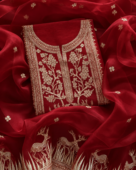 Atharva Heritage Sheer Luxury Pure Satin Organza 80 Grams Kurta and Pure Silk Organza Dupatta Tilla Pitta Embroidered Suit AH1318917