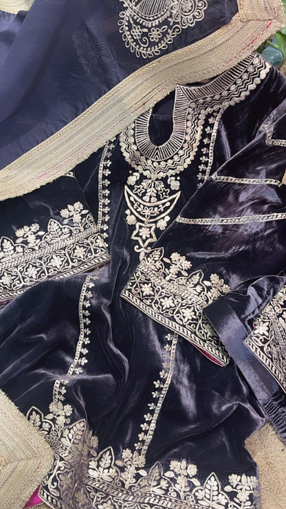 Atharva Heritage Pure Silk Velvet Violet Color Pakistani Co-ord Set with All-Over Pita Embroidery & Organza Dupatta AH181331345