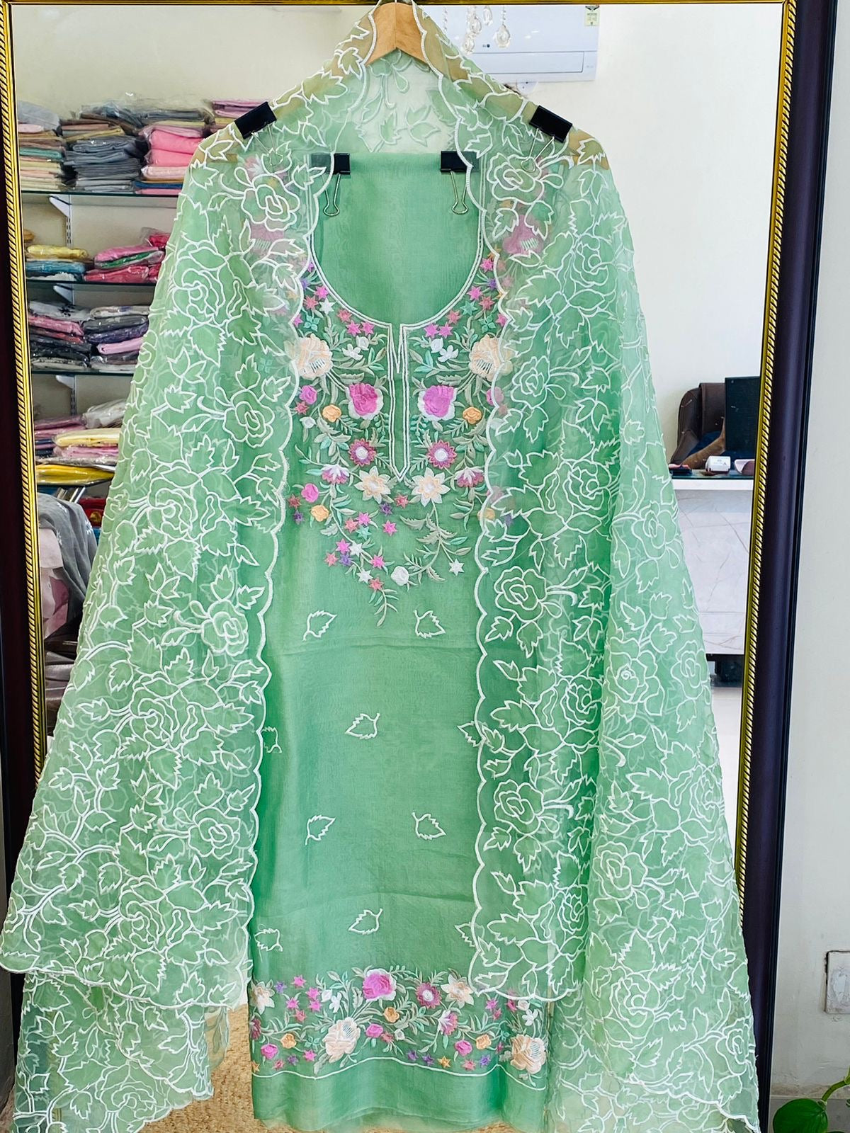 SHEER LUXURY PURE SILK ORGANZA PARSI APPLIQUE SUIT SHEER0030(G)