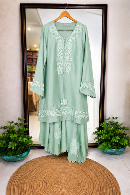 Atharva Heritage Pure Satin Silk Pastel Mint Farsi Salwar Set with Organza Dupatta AH18133191