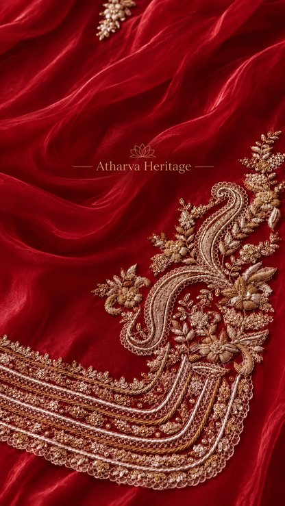 Atharva Heritage ✨Kerwachauth Special  – Pure SATIN organza 80 Grams Zardozi Ensemble Front Embroidery 3 Pc  ✨ PTSTHZ567