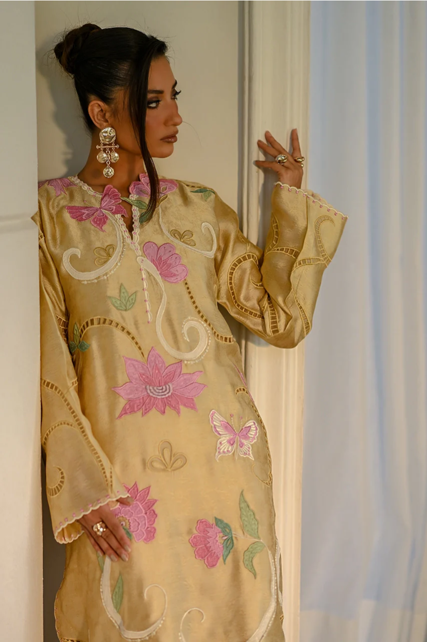 Atharva Heritage Pure Satin Silk Hand Appliqué pakisani Long Kurta Set – Eid Collection 181331843